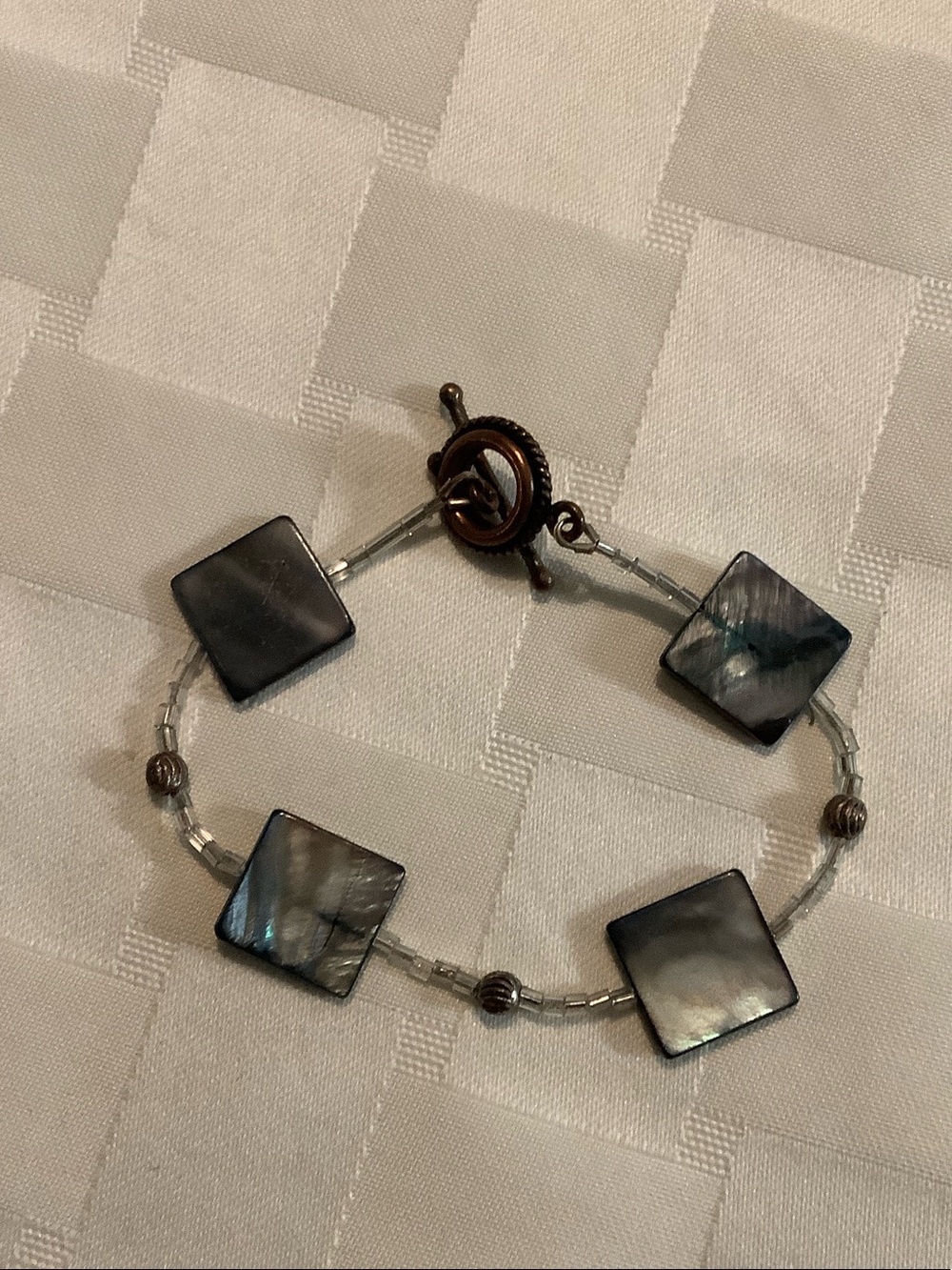 Hand Crafted Iridescent Gray Square Bead Bracelet